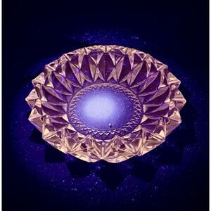 GLOWS! Vintage KIG Indonesia Diamond Pressed Glass Clear Console Bowl RARE 8”D